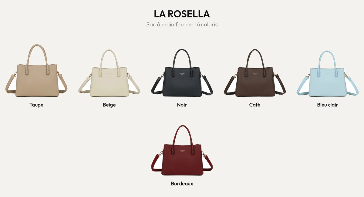 La Rosella, sac à main femme en simili cuir grainé, en 6 coloris : Taupe, Beige, Noir, Coffee, Bleu Clair, Bordeaux – Gallantry Paris – réf. DQ-8733