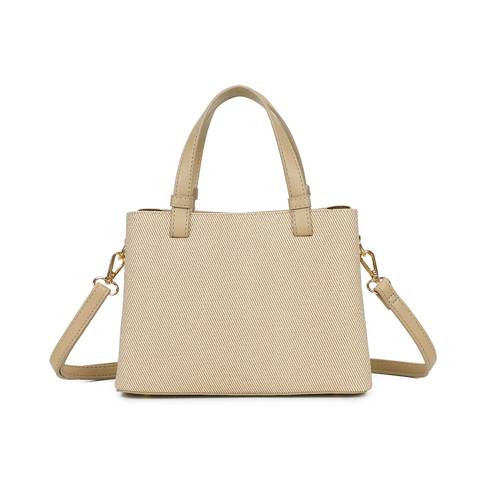 Dos de La Roxélane taupe, matière texturée et anses assorties aux empiècements lisses – réf. DQ-8655-6