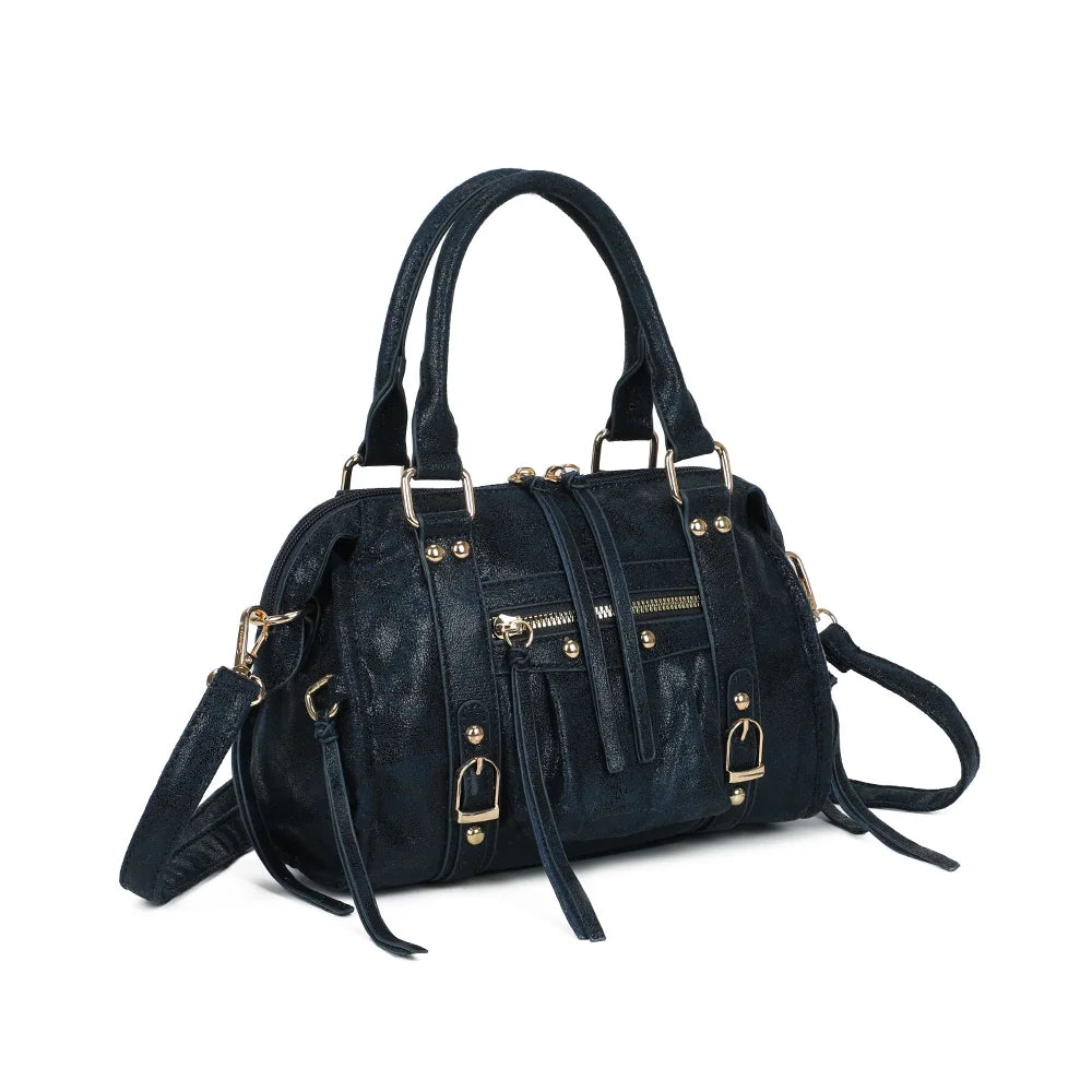 La Skyla Velvet bleu foncé de trois quarts : silhouette bowling compacte et poche zippée en façade – réf. Z-1979-8