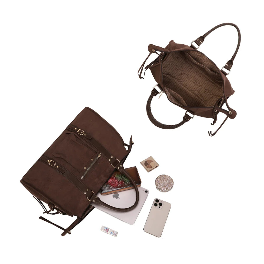 Intérieur de La Skyla XL Suède coffee : grand compartiment doublé pour le quotidien et une tablette – réf. M-1979-7B