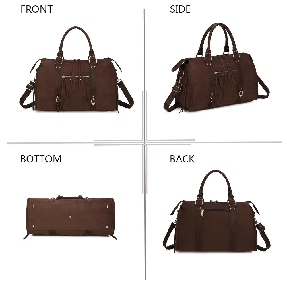 La Skyla XL Suède coffee sous quatre angles : face, côté, dessous et dos du grand sac effet suédine – réf. M-1979-7B