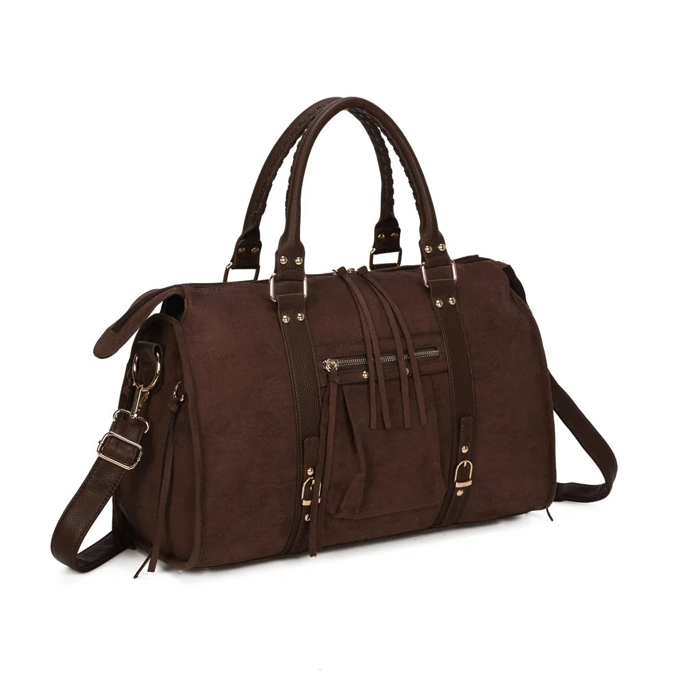 La Skyla XL Suède coffee de trois quarts : poche zippée avant, sangles à boucles dorées et franges – réf. M-1979-7B