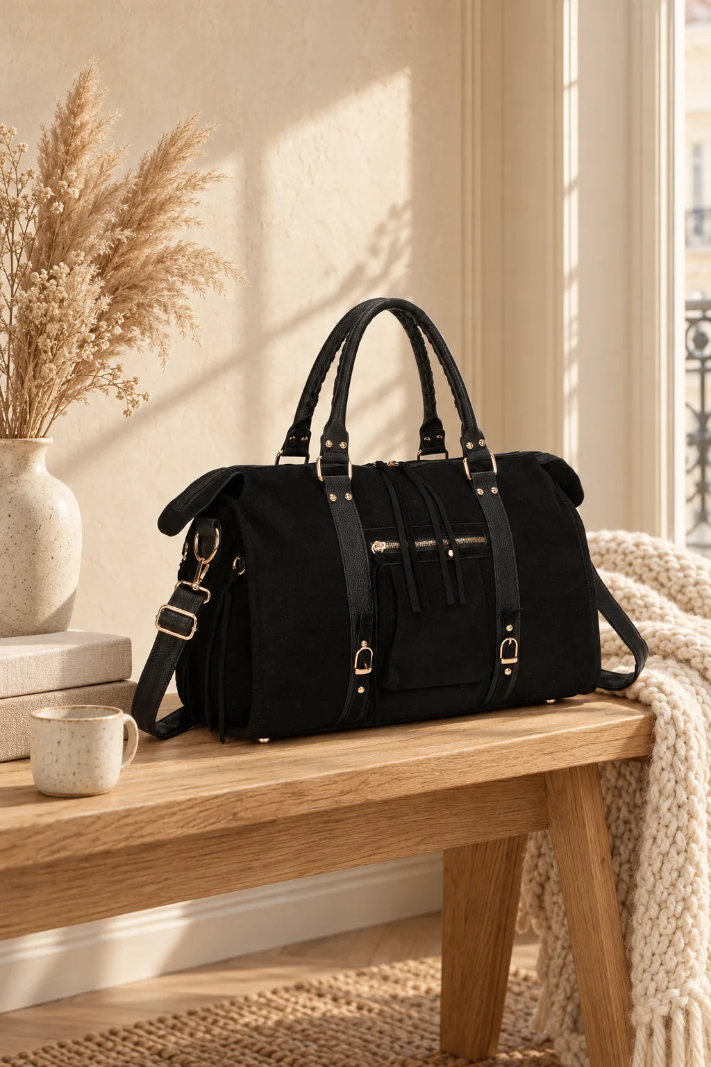 Grand sac à main La Skyla XL Suède effet suédine posé dans un décor intérieur chaleureux – visuel d’ambiance créé avec l’IA – Gallantry Paris