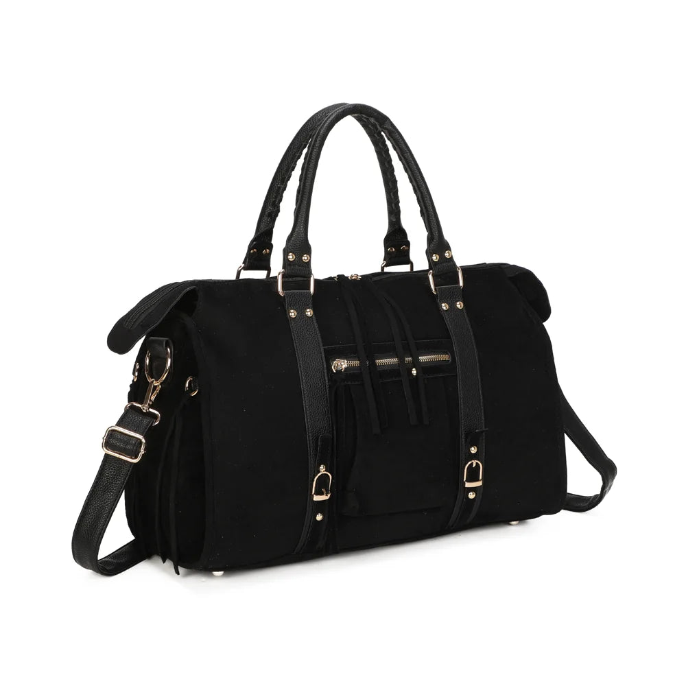 La Skyla XL Suède noir de trois quarts : poche zippée avant, sangles à boucles dorées et franges – réf. M-1979-7B
