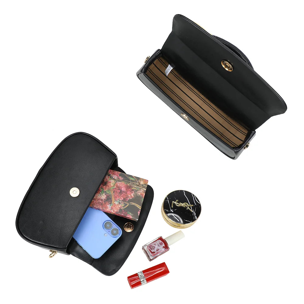 Intérieur de La Solyra noir : rabat à bouton magnétique et compartiment pour téléphone et essentiels – réf. YL-26018