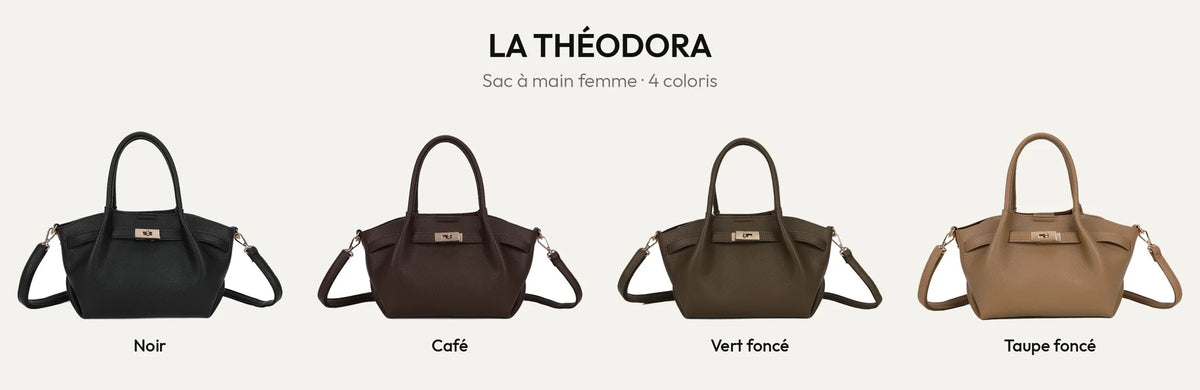 Sac à main La Théodora en simili cuir grainé, coloris Noir, Coffee, Vert Foncé et D.TAUPE – Gallantry Paris – réf. KJ-62082-4