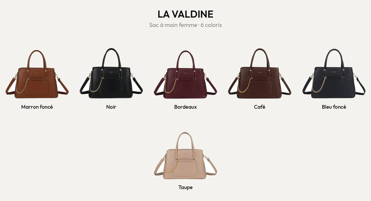 Sac à main La Valdine en 6 coloris : marron foncé, noir, bordeaux, coffee, bleu foncé et taupe – Gallantry Paris – réf. M-9464