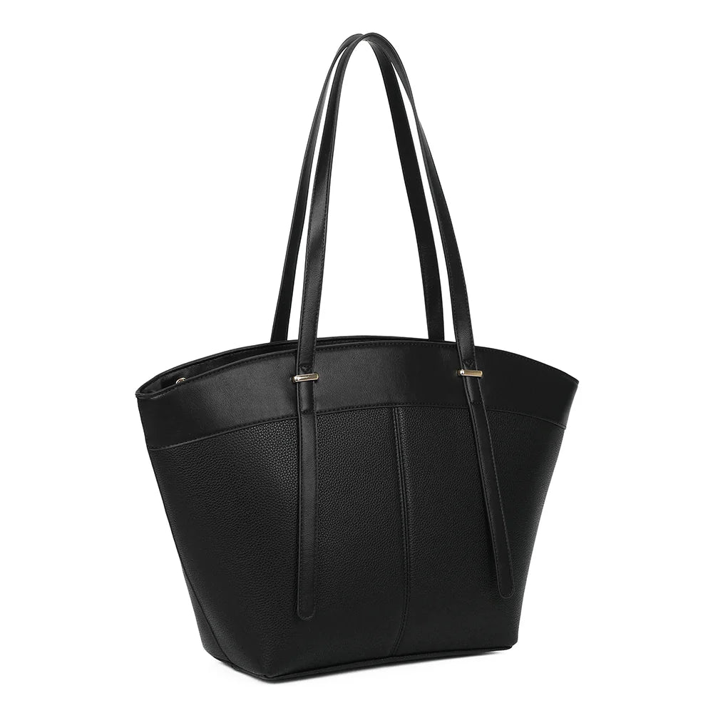 La Valeska noir vue de trois quarts : bandeau lisse, partie grainée et détails métalliques dorés – réf. KJ-62109