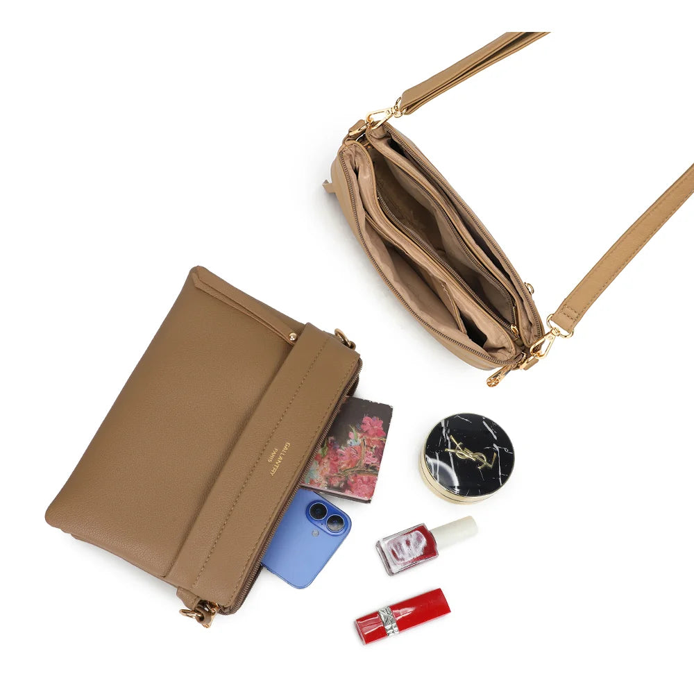Intérieur de La Vélane taupe foncé : plusieurs compartiments zippés pour téléphone et petits essentiels – réf. A-9176
