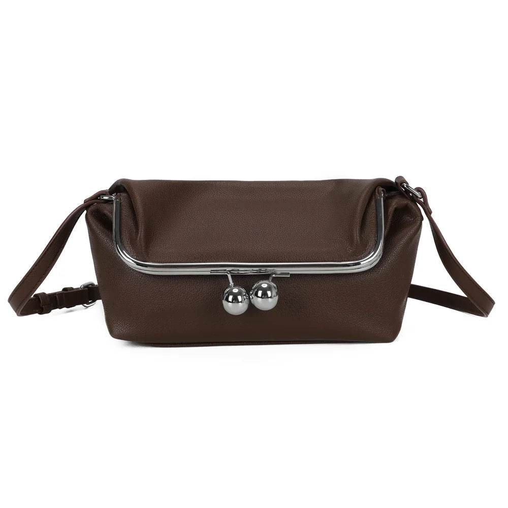 Sac bandoulière femme La Violette coffee en simili cuir grainé, fermoir argenté à deux boules – Gallantry Paris – réf. R-2087