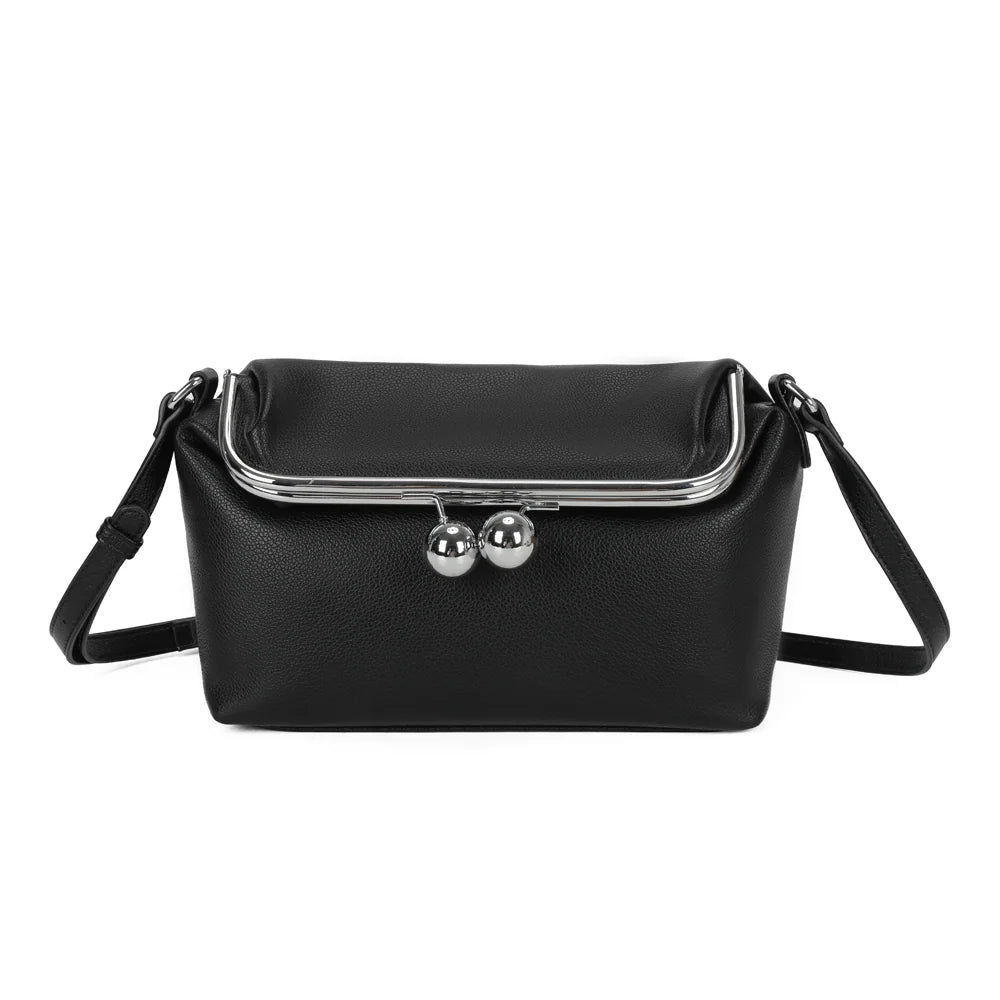 Sac bandoulière femme La Violette noir en simili cuir grainé, fermoir argenté à deux boules – Gallantry Paris – réf. R-2087