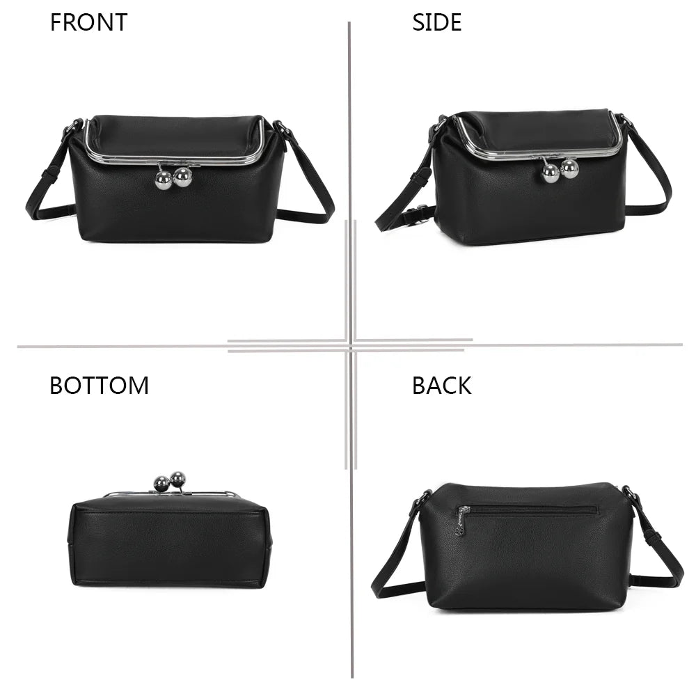La Violette noir sous tous les angles : face, profil, dessous et dos du sac en simili cuir grainé – réf. R-2087