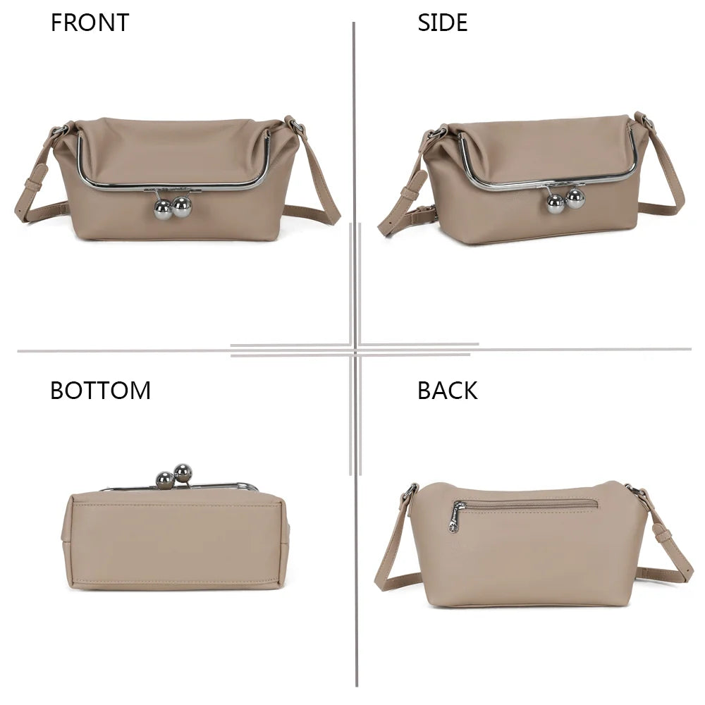 La Violette taupe sous tous les angles : face, profil, dessous et dos du sac en simili cuir grainé – réf. R-2087