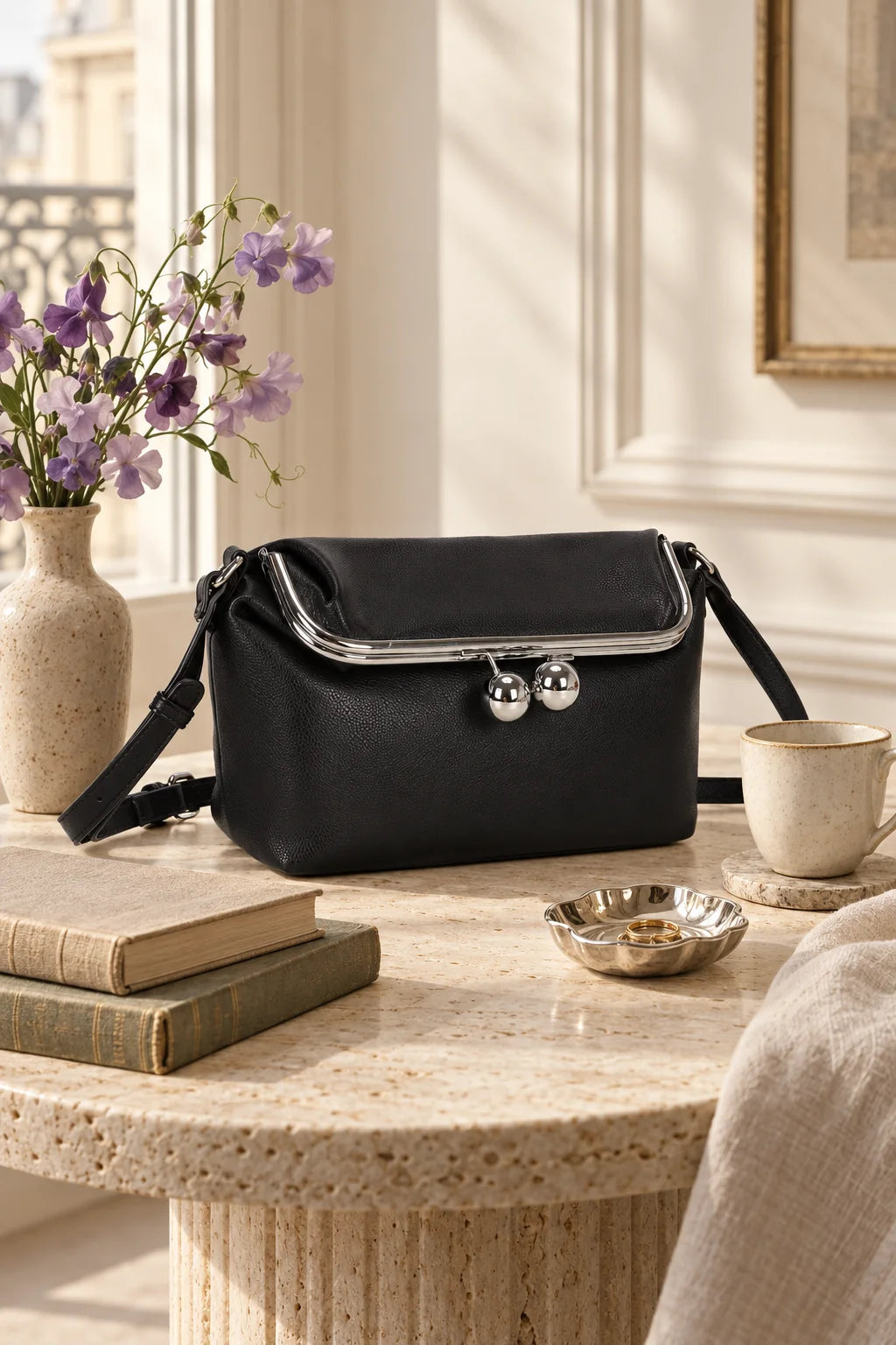 Sac bandoulière La Violette en simili cuir grainé posé dans un décor raffiné – visuel d’ambiance créé avec l’IA – Gallantry Paris