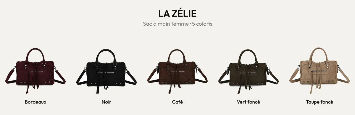 Sac à main La Zélie effet suédine en 5 coloris : Bordeaux, Noir, Coffee, Vert Foncé et D.TAUPE – Gallantry Paris – réf. KJ-62088-2
