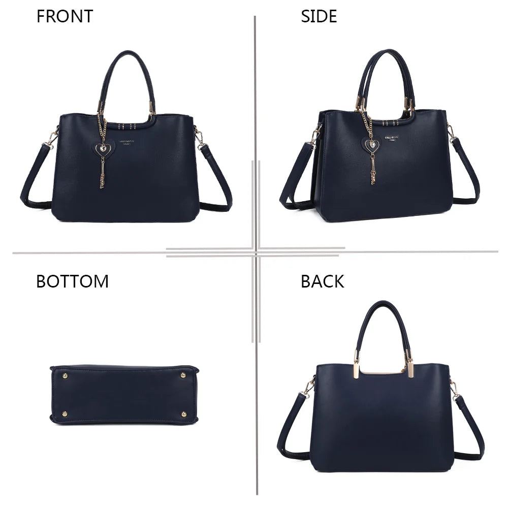 Le Ambrélia bleu foncé sous quatre angles : face, côté, dessous et dos du sac à main – réf. DQ-8742