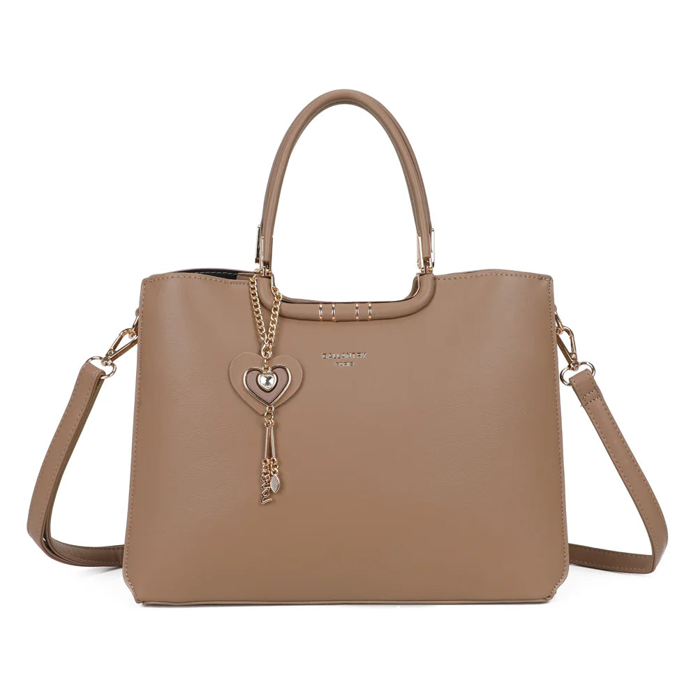 Sac à main femme Le Ambrélia taupe foncé, bijou cœur doré et bandoulière amovible – Gallantry Paris – réf. DQ-8742