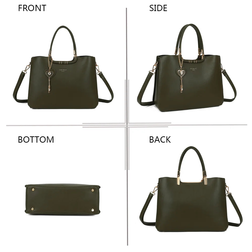 Le Ambrélia vert foncé sous quatre angles : face, côté, dessous et dos du sac à main – réf. DQ-8742
