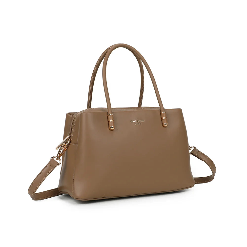 Le Azélie taupe foncé vu de trois quarts : côtés à soufflets et zip doré sur le dessus – réf. LS-76007