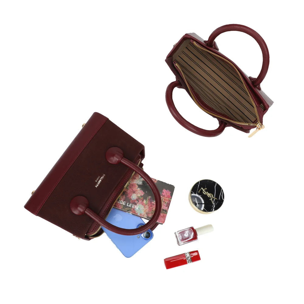 Le Basile bordeaux ouvert : compartiment principal zippé pour téléphone, carnet et maquillage – réf. YL-26022