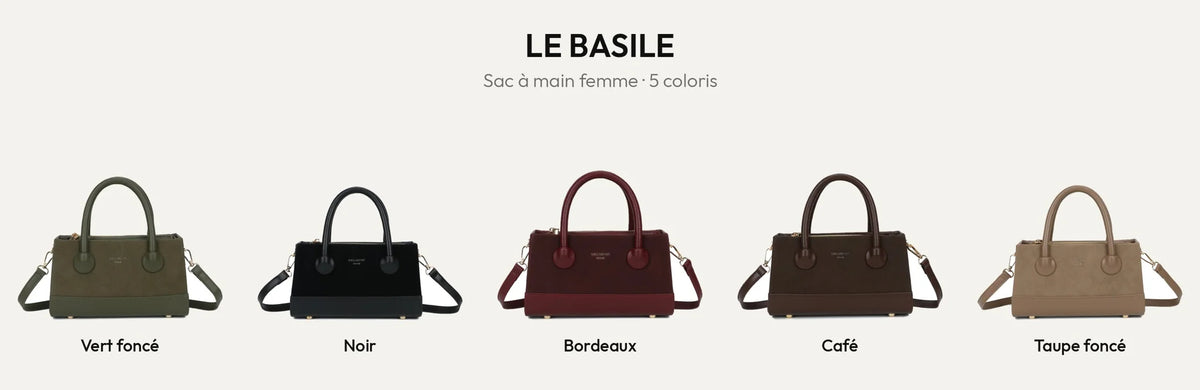 Le Basile, petit sac à main femme, en vert foncé, noir, bordeaux, coffee et taupe foncé – Gallantry Paris – réf. YL-26022