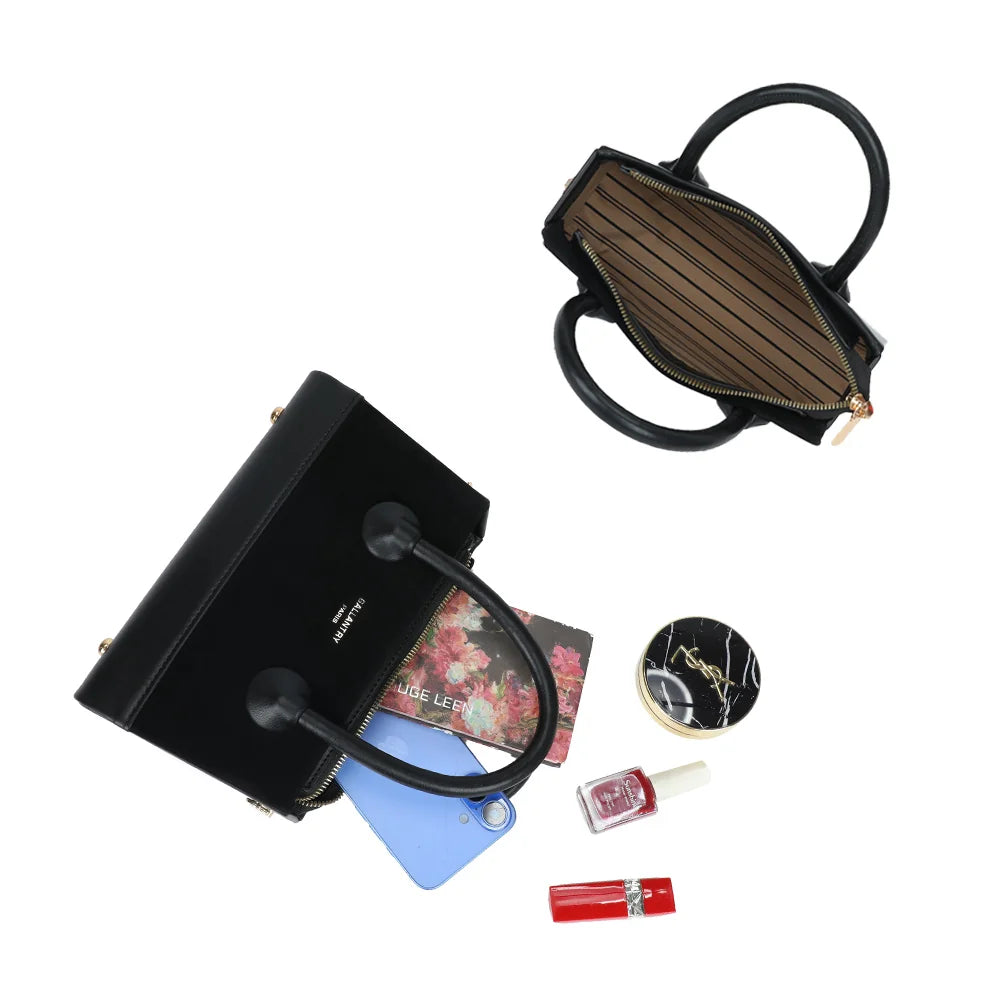 Le Basile noir ouvert : compartiment principal zippé pour téléphone, carnet et maquillage – réf. YL-26022