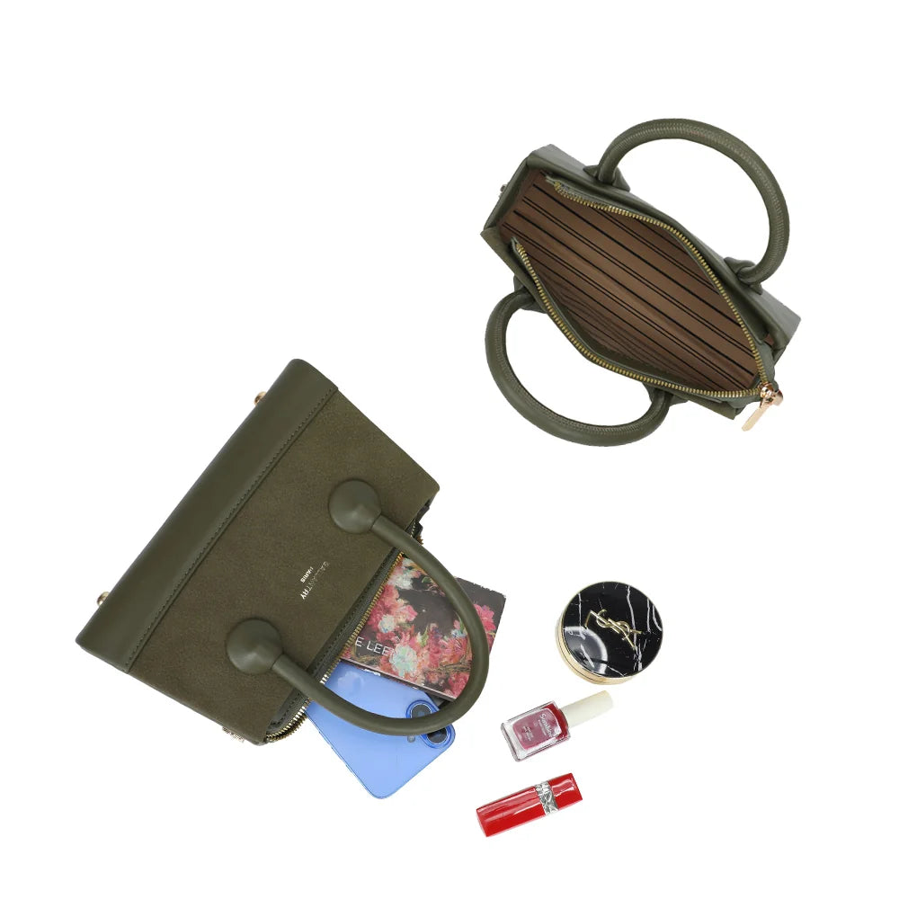 Le Basile vert foncé ouvert : compartiment principal zippé pour téléphone, carnet et maquillage – réf. YL-26022