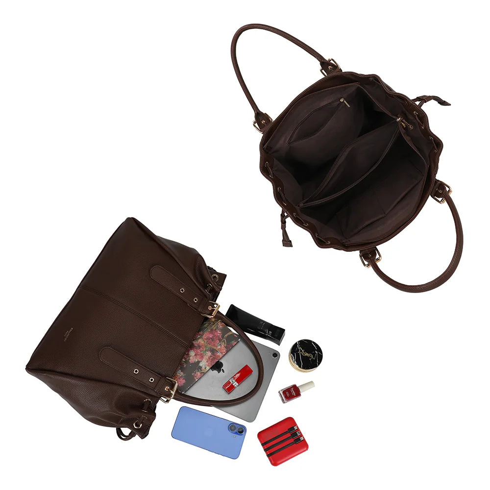 Intérieur du sac cabas Le Beaumont café : compartiment central zippé, poche zippée et poches plaquées – réf. R-62080-4-AIR