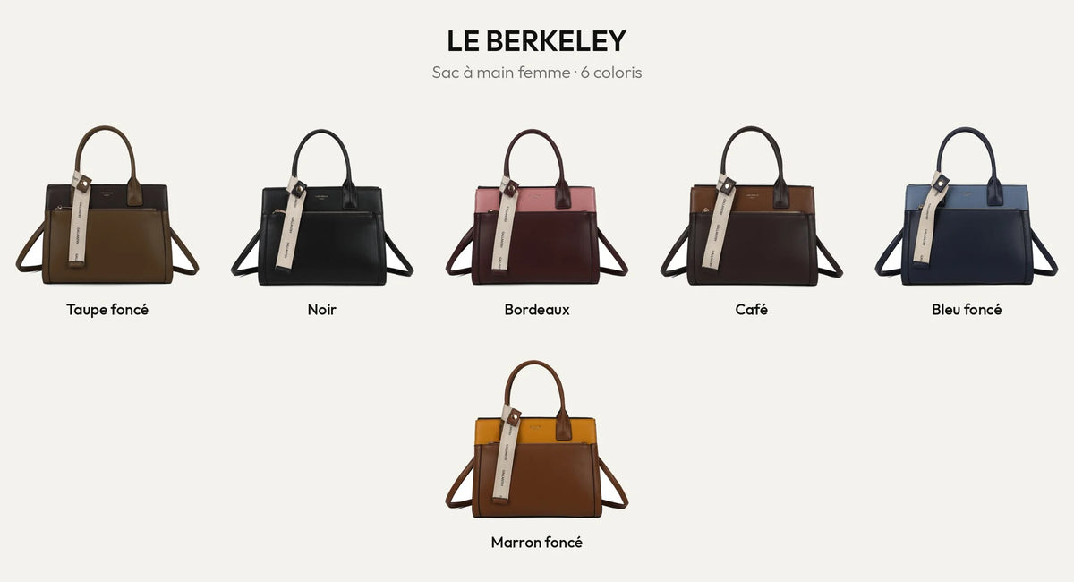 Le Berkeley, sac à main femme structuré, en 6 coloris : taupe foncé, noir, bordeaux, café, bleu foncé et marron – Gallantry Paris – réf. LS-76003