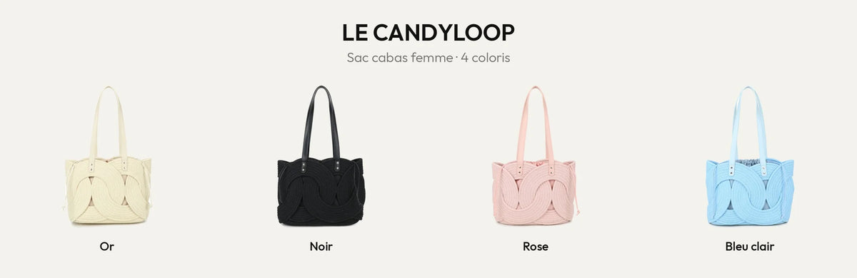 Le Candyloop, sac cabas femme en corde tressée, en coloris Or, Noir, Rose et Bleu Clair – Gallantry Paris – réf. A-9168
