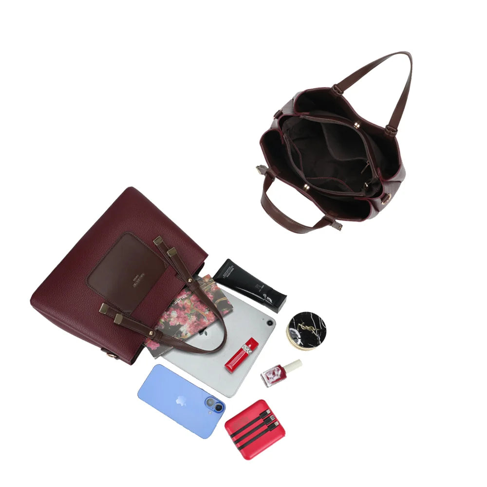 Intérieur du Le Cardinal bordeaux : plusieurs compartiments et poches zippées pour ranger téléphone et essentiels – réf. DQ-8736