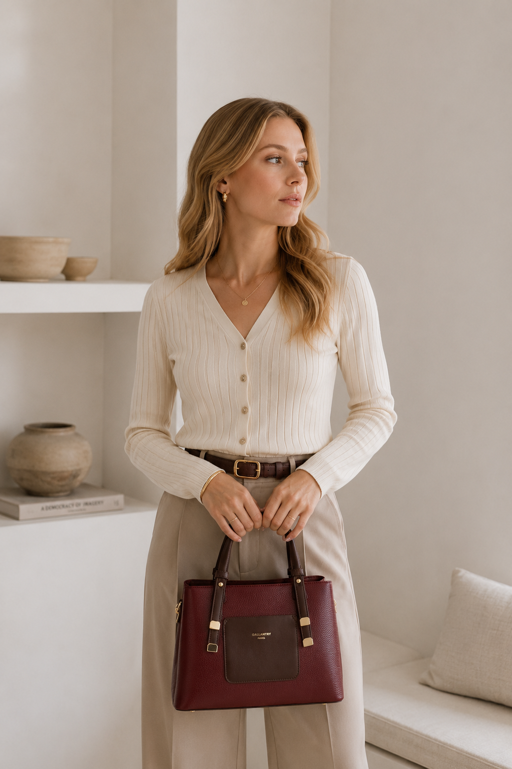 Sac à main Le Cardinal bordeaux en simili cuir grainé dans une scène du quotidien – visuel d’ambiance créé avec l’IA – Gallantry Paris