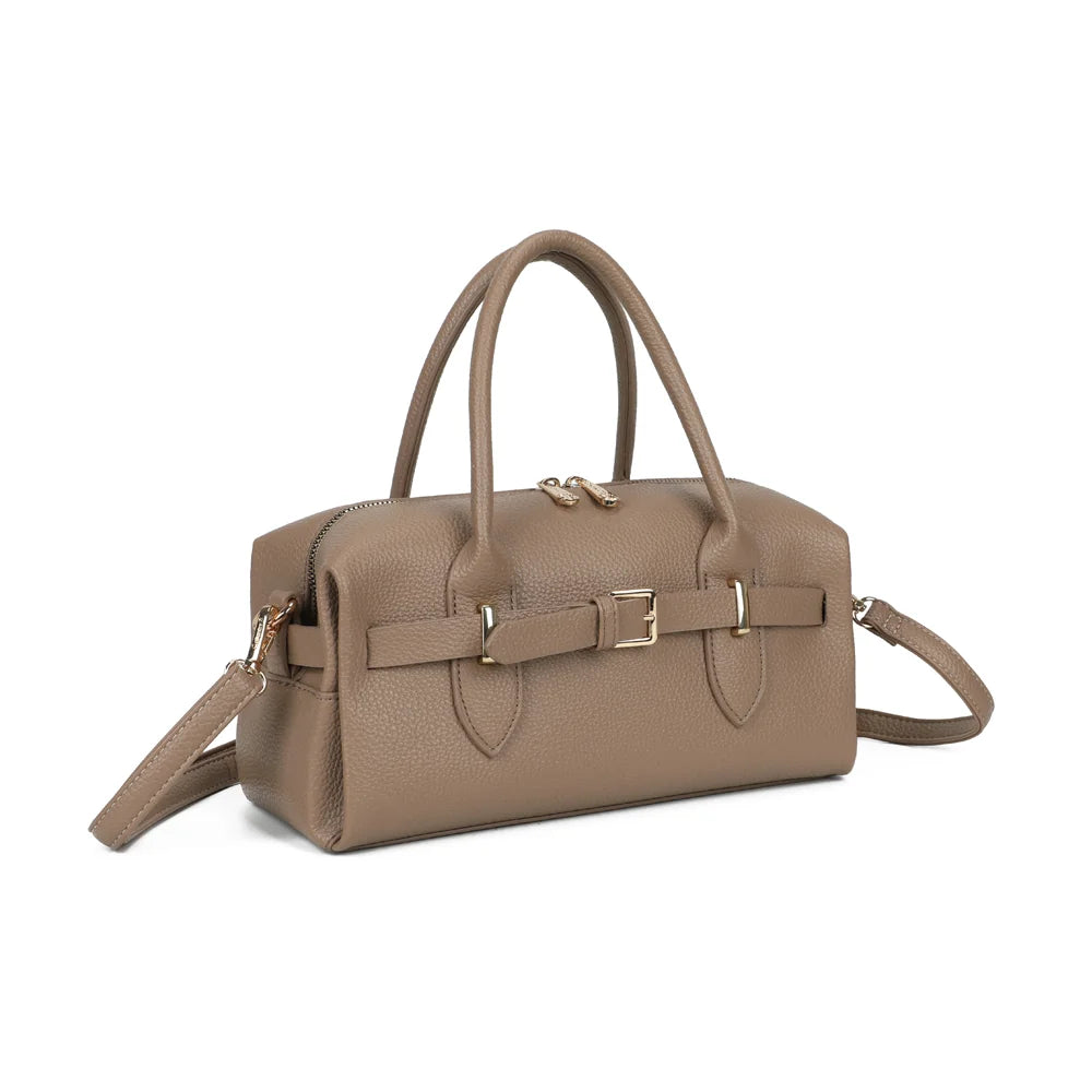 Le Castille taupe vu de trois quarts : silhouette allongée et structurée, zip à double curseur doré – réf. R-2064