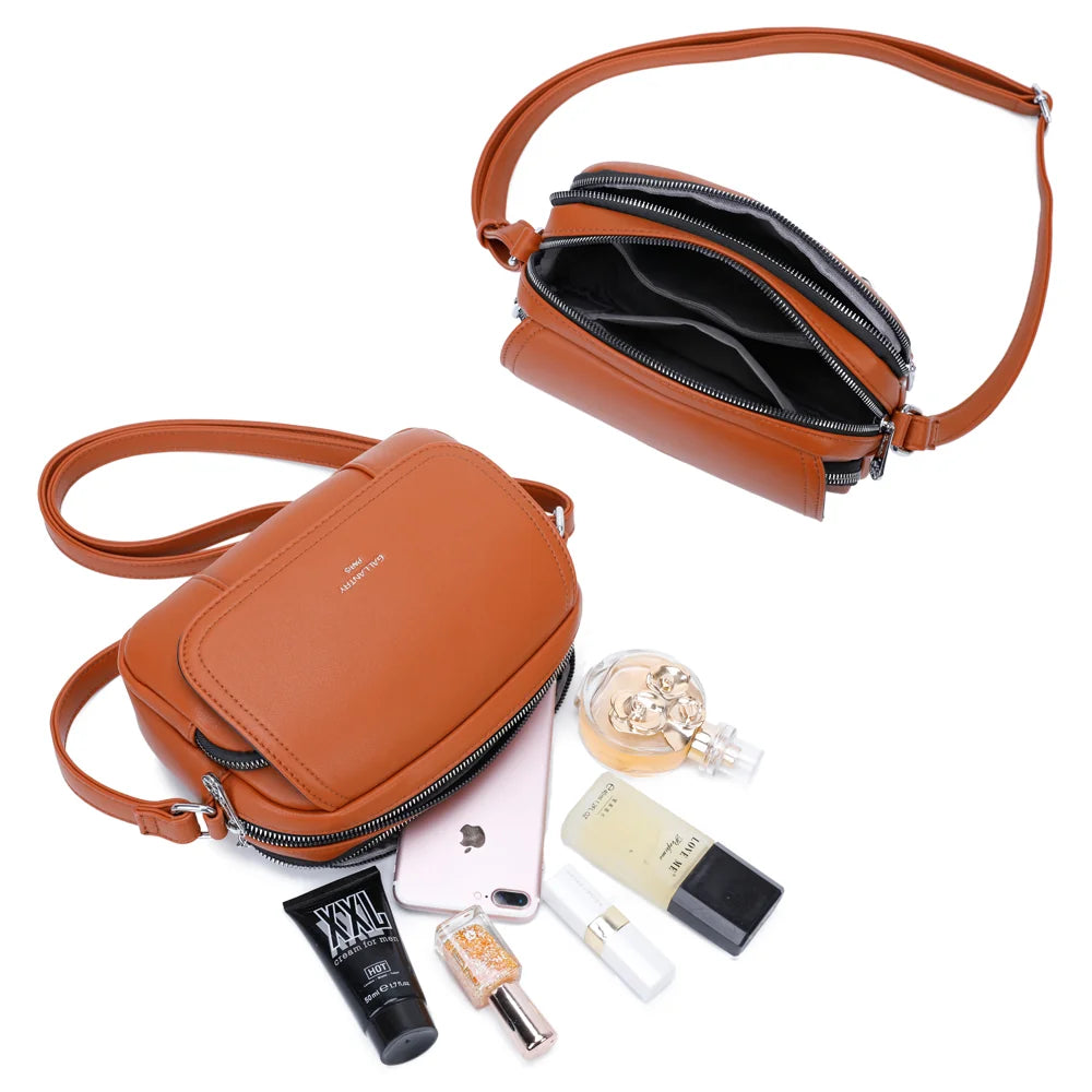 Intérieur du Charme Compact camel : deux compartiments zippés pour smartphone et essentiels – réf. G-7455
