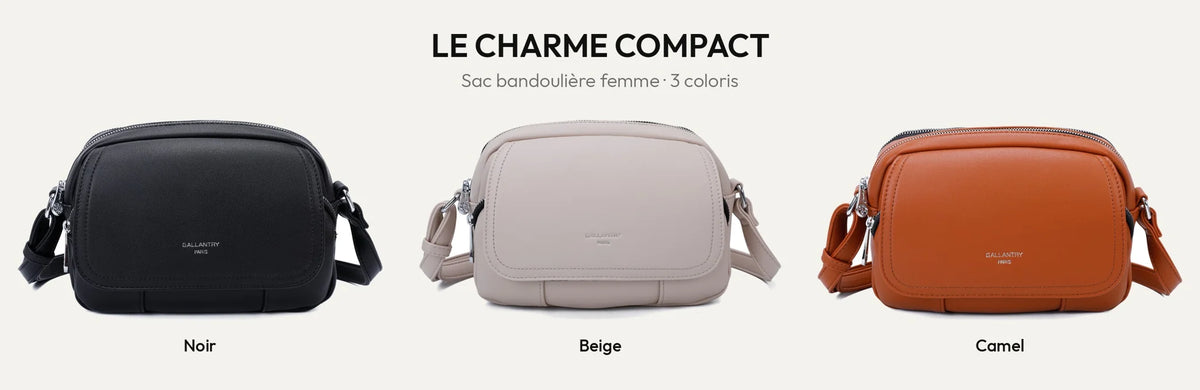 Le Charme Compact, sac bandoulière femme en Noir, Beige et Camel – Gallantry Paris – réf. G-7455