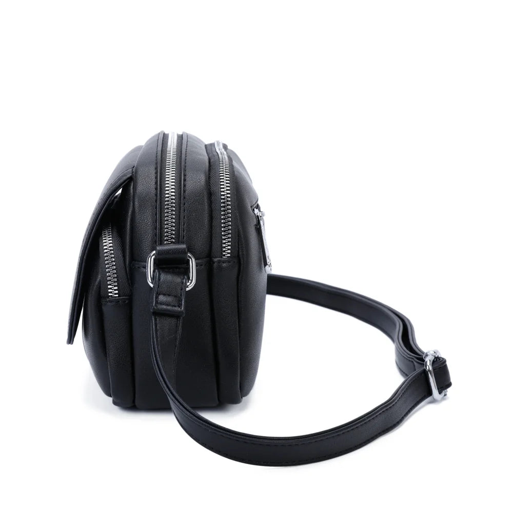 Profil du Charme Compact noir : 9 cm de profondeur et attache de bandoulière argentée – réf. G-7455