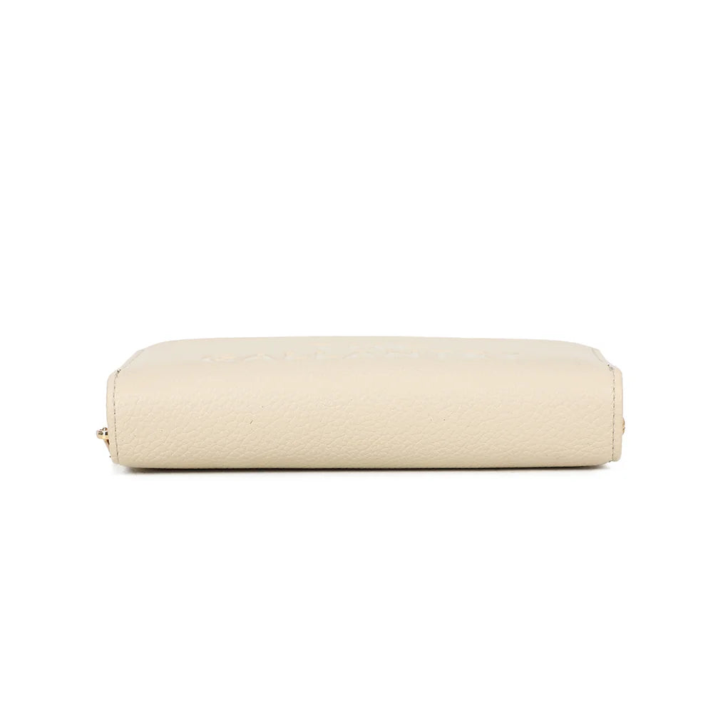 Dessous du portefeuille Le Compagnon Tendre beige, en simili cuir grainé bordé par le zip doré – réf. SF-69052
