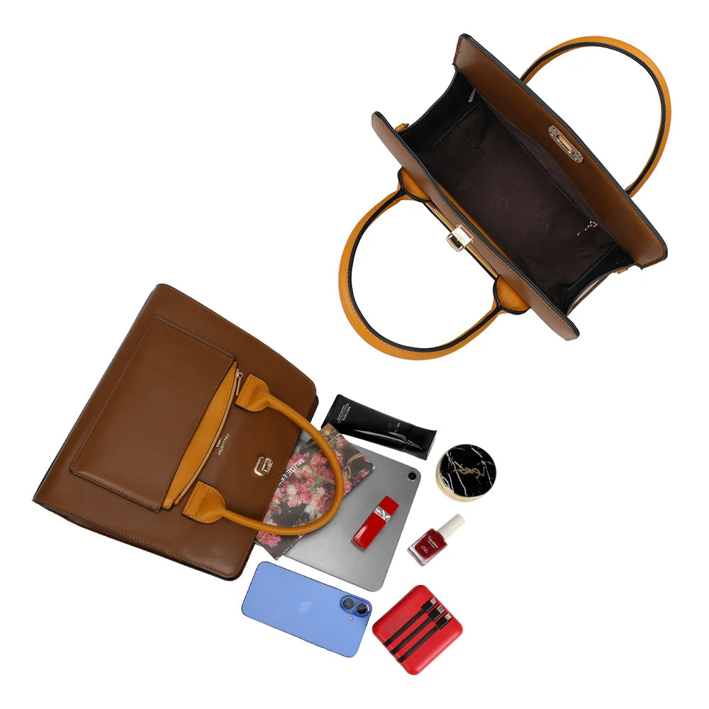 Intérieur spacieux du Le Corten marron foncé avec doublure synthétique et fermoir tournant doré sur le dessus – réf. LS-76002