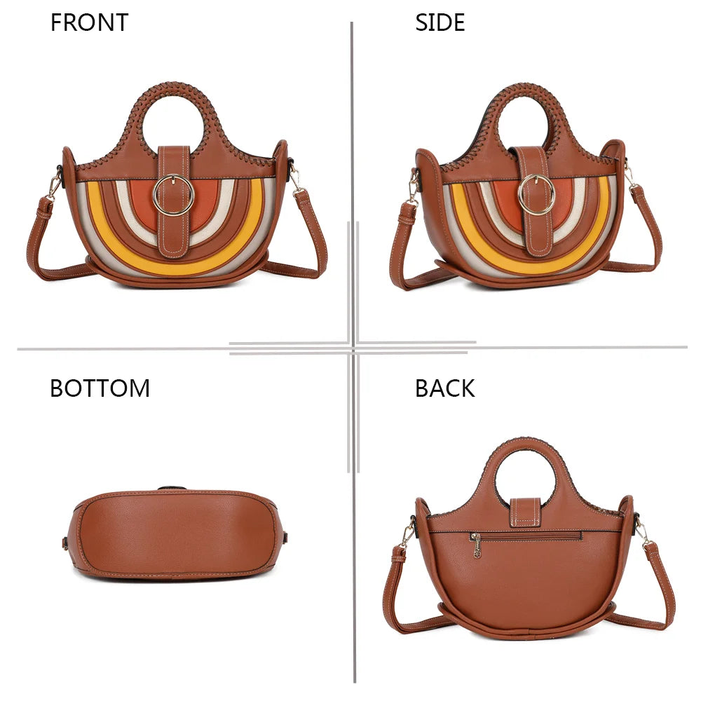 Le Crescendo camel sous quatre angles : face, profil, dessous et dos du sac demi-lune – réf. A-9104