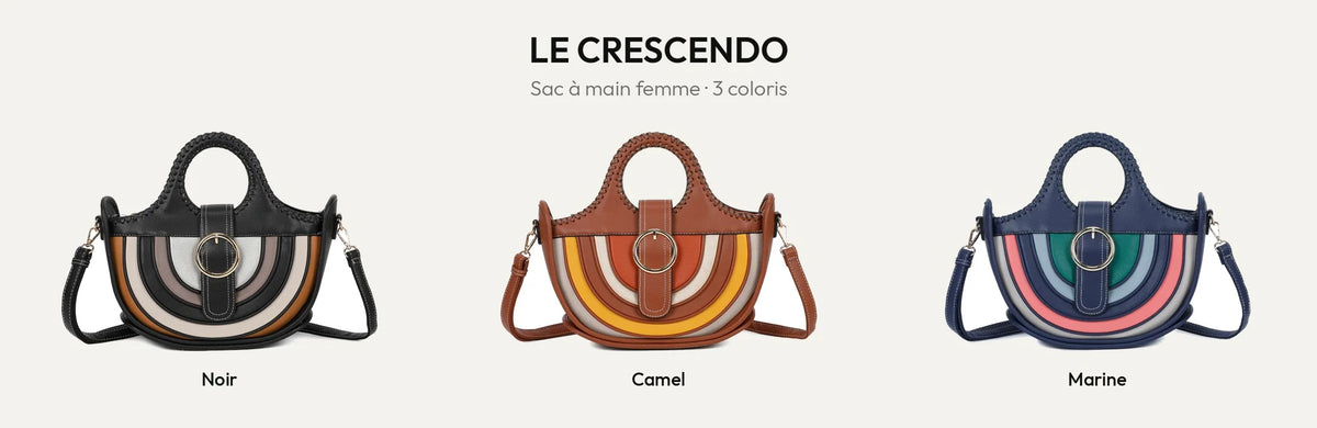 Le Crescendo, sac à main femme demi-lune à arcs colorés, en Noir, Camel et Marine – Gallantry Paris – réf. A-9104