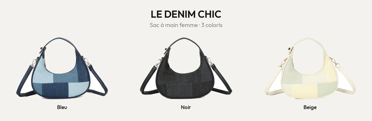 Sac à main femme Le Denim Chic en patchwork de denim, coloris Bleu, Noir et Beige – Gallantry Paris – réf. A-9169