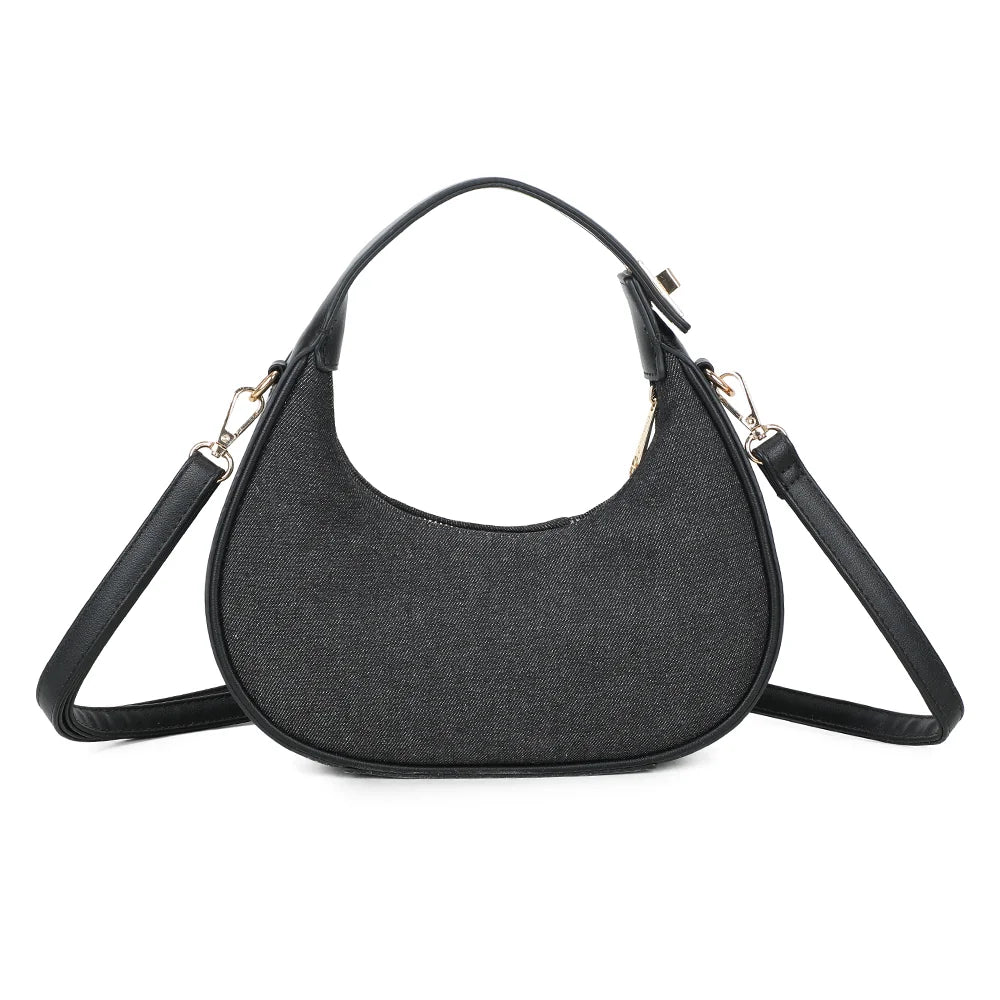 Dos du Denim Chic noir, patchwork de denim en plusieurs nuances bordé d’un liseré lisse – réf. A-9169