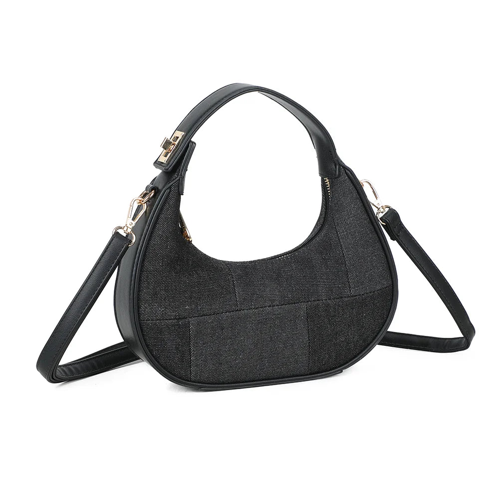 Le Denim Chic noir de trois quarts : anse courte, fermoir tournant doré et bandoulière amovible – réf. A-9169