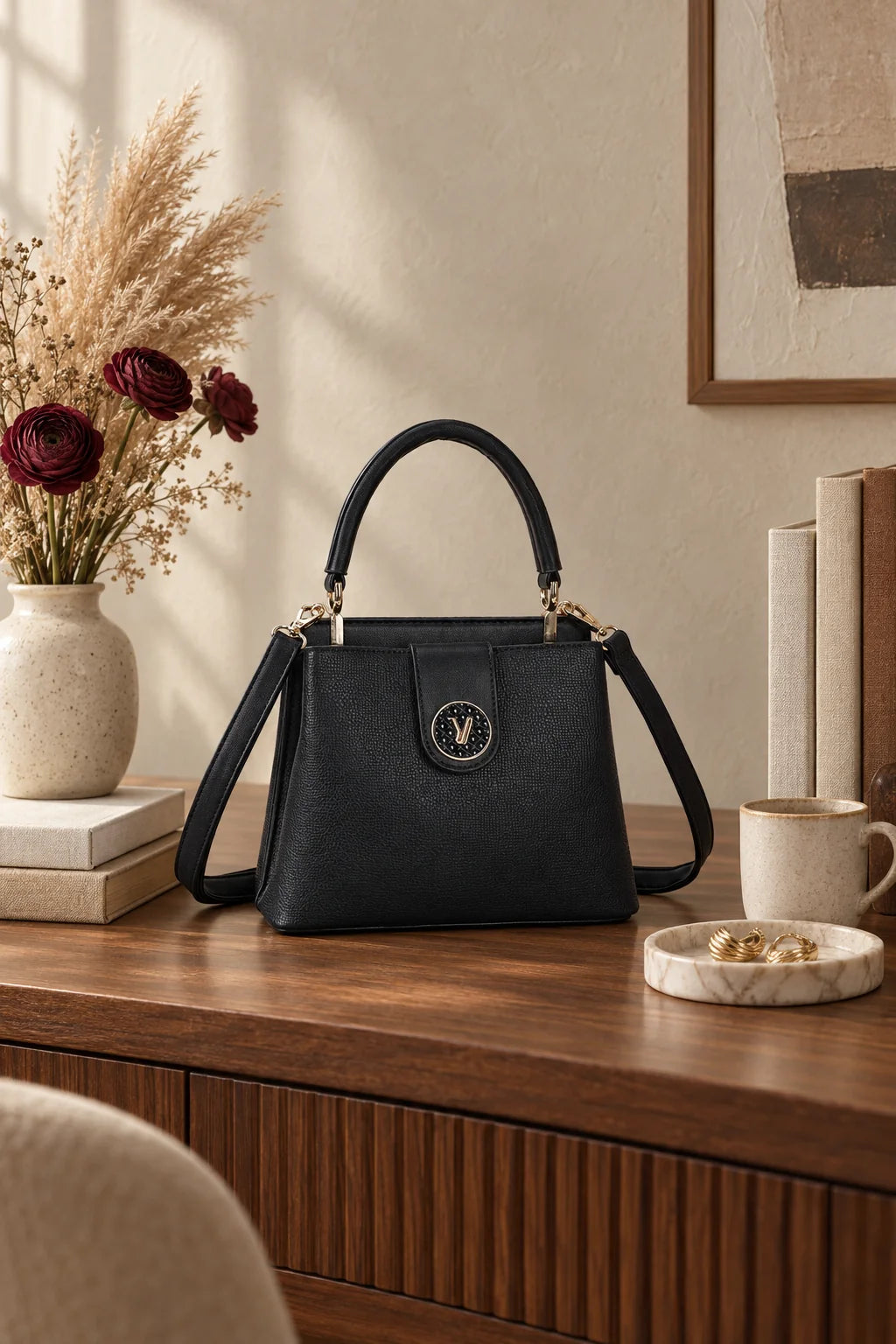 Sac à main Le Florentin posé dans un décor intérieur élégant – visuel d’ambiance créé avec l’IA – Gallantry Paris