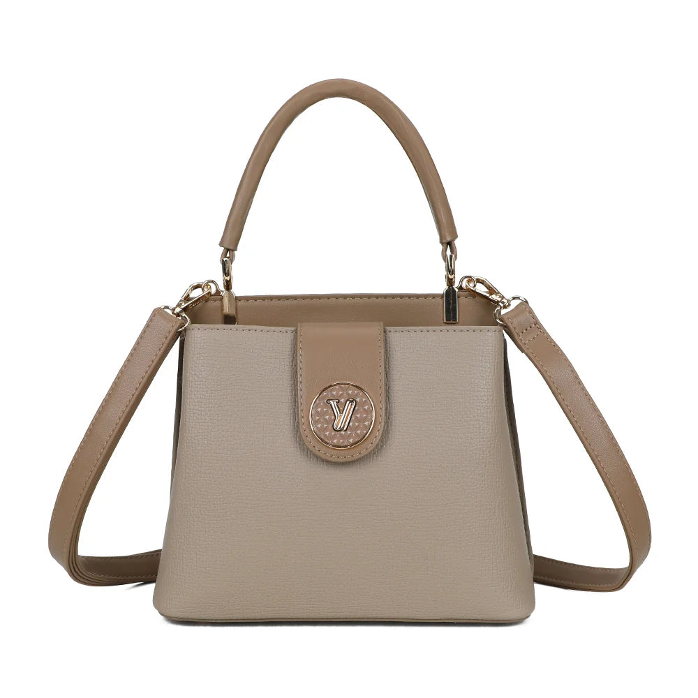 Sac à main femme Le Florentin taupe, médaillon doré et anse arrondie – Gallantry Paris – réf. A-9121-1