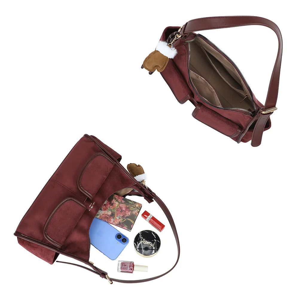 Intérieur du Harper bordeaux zippé : téléphone, carnet et maquillage trouvent leur place – réf. R-2056