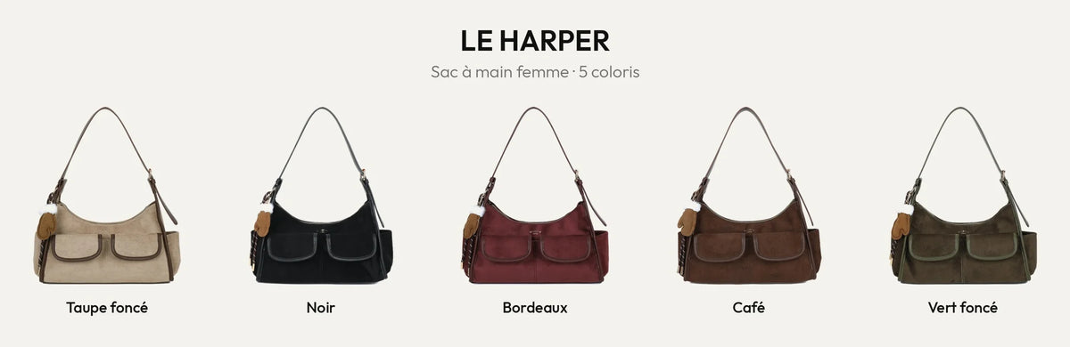 Le Harper, sac à main femme effet suédine en 5 coloris : taupe foncé, noir, bordeaux, coffee et vert foncé – Gallantry Paris – réf. R-2056