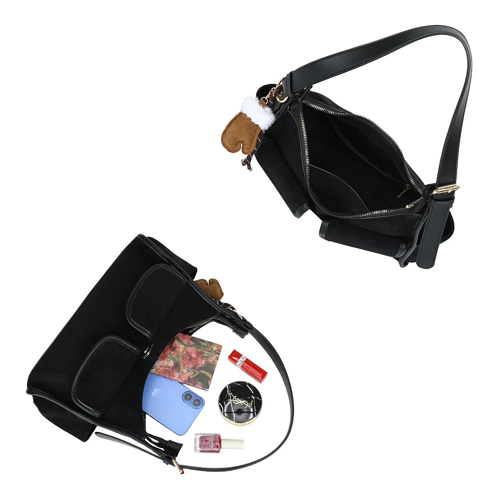 Intérieur du Harper noir zippé : téléphone, carnet et maquillage trouvent leur place – réf. R-2056