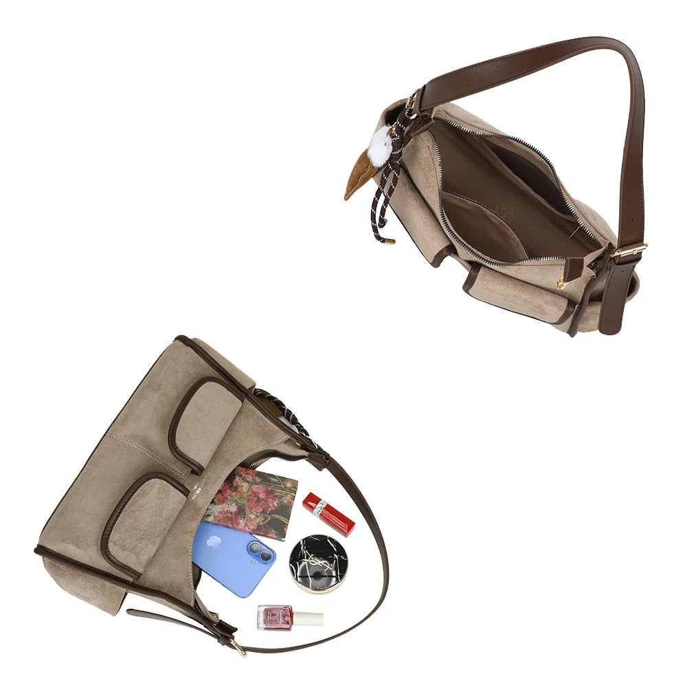 Intérieur du Harper taupe foncé zippé : téléphone, carnet et maquillage trouvent leur place – réf. R-2056