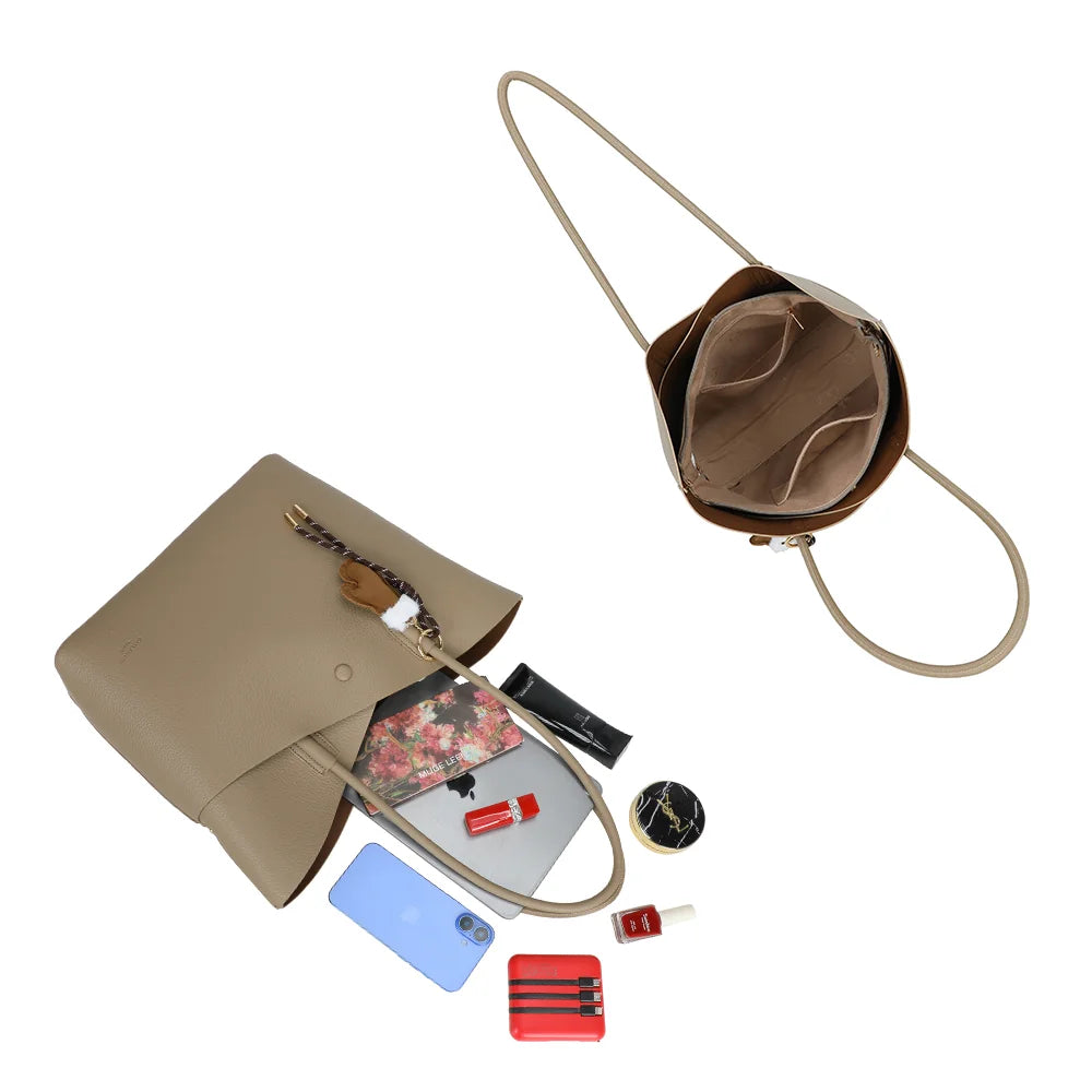 Intérieur du Hudson coloris taupe foncé : grand compartiment et poches plaquées pour tablette et essentiels – réf. R-2054